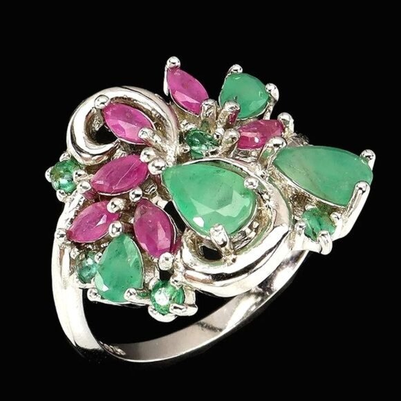Natural Emerald 6x4mm & Ruby 925 Sterling Silver Ring Sz 6.5 - Picture 2 of 7